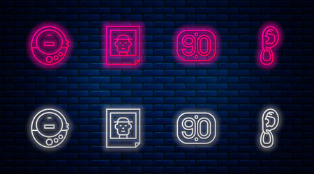 Set line Photo, 90s Retro, Music CD player and Ear with earring. Glowing neon icon on brick wall. Vector.のイラスト素材