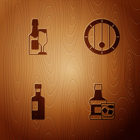 Set Whiskey bottle and glass, Champagne, Wine and Wooden barrel on wooden background. Vector.のイラスト素材