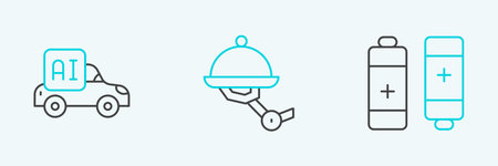 Set line Battery Autonomous smart car and Waiter robot icon. Vector.のイラスト素材