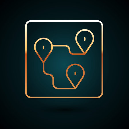 Gold line Route location icon isolated on dark blue background. Map pointer sign. Concept of path or road. GPS navigator. Vector.のイラスト素材