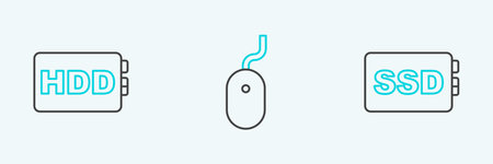 Set line SSD card Hard disk drive HDD and Computer mouse icon. Vector.のイラスト素材
