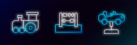 Set line Swing car Toy train and Abacus icon. Glowing neon. Vector.のイラスト素材