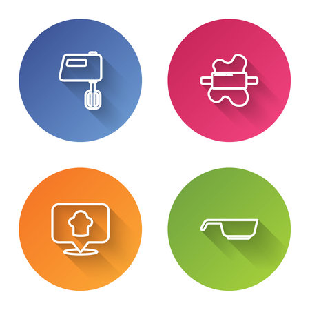 Set line Electric mixer, Rolling pin on dough, Chef hat with location and Frying pan. Color circle button. Vector.のイラスト素材