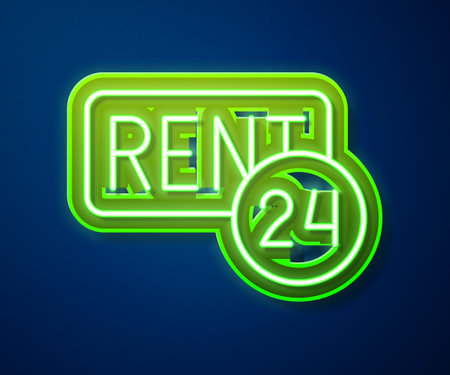 Glowing neon line Hanging sign with text Rent icon isolated on blue background. Signboard with text For Rent. Vector.のイラスト素材