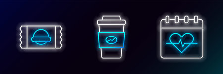 Set line Heart rate Sports nutrition and Coffee cup to go icon. Glowing neon. Vector.のイラスト素材