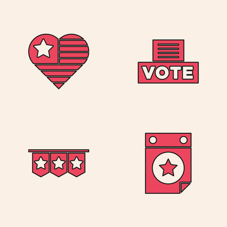 Set Calendar with date July 4, USA Independence day, Vote box and Carnival garland flags icon. Vector.のイラスト素材