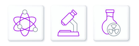 Set line Test tube with toxic liquid Atom and Microscope icon. Vector.のイラスト素材
