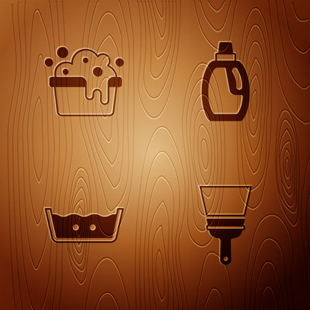 Set Rubber cleaner for windows, Basin with soap suds, Temperature wash and Bottle cleaning agent on wooden background. Vector.のイラスト素材