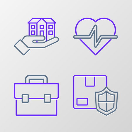 Set line Delivery security with shield Briefcase Life insurance and House hand icon. Vector.のイラスト素材
