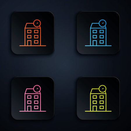 Color neon line House icon isolated on black background. Home symbol. Set icons in square buttons. Vector.のイラスト素材