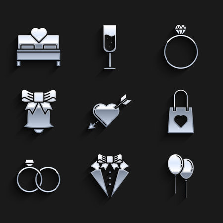 Set Amour symbol with heart and arrow Suit Balloons ribbon Shopping bag Wedding rings Ringing bell Diamond engagement and Bedroom icon. Vector.のイラスト素材
