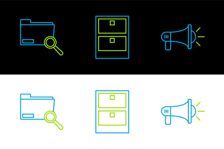 Set line Megaphone Search concept with folder and Archive papers drawer icon. Vector.のイラスト素材