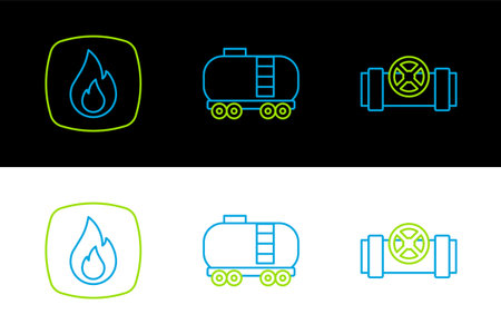 Set line Metallic pipes and valve Fire flame and Oil railway cistern icon. Vector.のイラスト素材