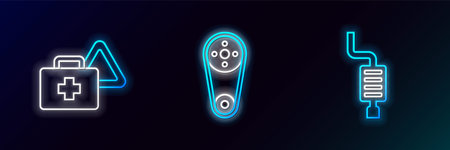 Set line Car muffler First aid kit and warning triangle and Timing belt icon. Glowing neon. Vector.のイラスト素材