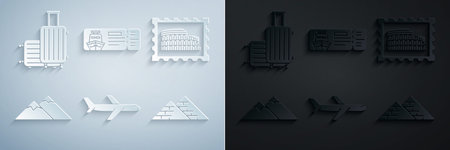 Set Plane Postal stamp and Coliseum Mountains Egypt pyramids Cruise ticket for traveling by ship and Suitcase icon. Vector.のイラスト素材