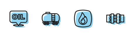 Set line Fire flame, Word oil, Oil railway cistern and Metallic pipes and valve icon. Vector.のイラスト素材