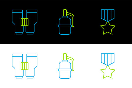 Set line Military reward medal Binoculars and Hand grenade icon. Vector.のイラスト素材