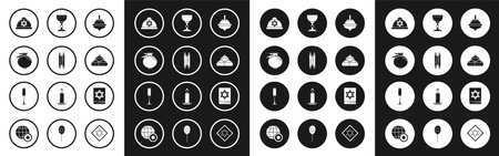 Set Hanukkah dreidel Torah scroll Pomegranate Jewish kippah with star of david sweet bakery goblet torah book and icon. Vector.のイラスト素材
