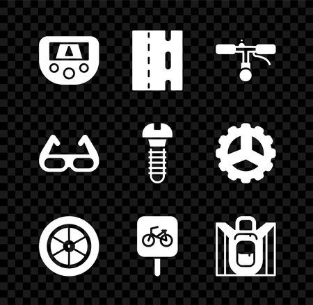 Set Gps device with map Bicycle lane handlebar wheel parking Hiking backpack Sport cycling sunglasses and Metallic screw icon. Vector.のイラスト素材