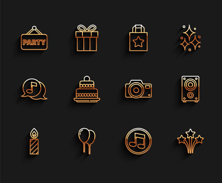 Set line Birthday cake candles Balloons with ribbon Signboard party Music note tone Firework Cake Stereo speaker and Photo camera icon. Vector.のイラスト素材
