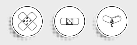 Set line Medicine pill or tablet Crossed bandage plaster and Bandage icon. Vector.のイラスト素材