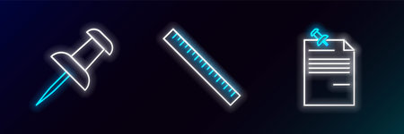 Set line Note paper with pinned pushbutton Push and Ruler icon. Glowing neon. Vector.のイラスト素材