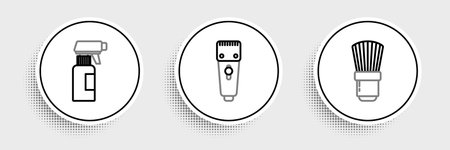 Set line Shaving brush Hairdresser pistol spray bottle and Electrical hair clipper or shaver icon. Vector.のイラスト素材