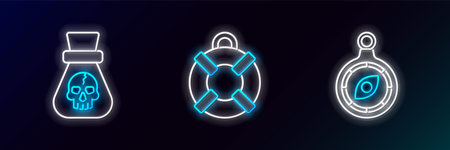 Set line Compass Pirate coin and Lifebuoy icon. Glowing neon. Vector.のイラスト素材