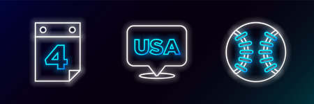 Set line Baseball ball Calendar with date July 4 and USA Independence day icon. Glowing neon. Vector.のイラスト素材