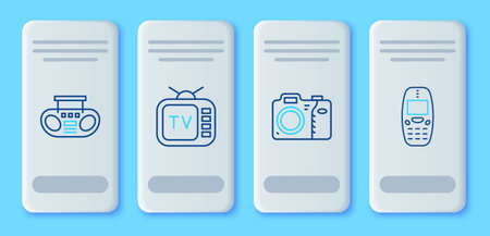 Set line Retro tv Photo camera Home stereo with two speakers and Old mobile phone icon. Vector.のイラスト素材