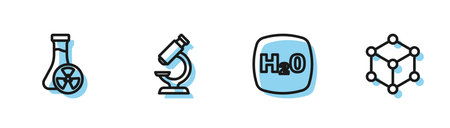 Set line Chemical formula H2O Test tube with toxic liquid Microscope and Molecule icon. Vector.のイラスト素材