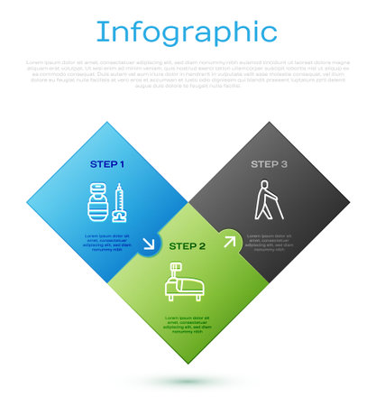 Set line Syringe, Blind human holding stick and Hospital bed. Business infographic template. Vector.のイラスト素材