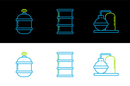 Set line Oil and gas industrial factory building Propane tank and Barrel oil icon. Vector.のイラスト素材
