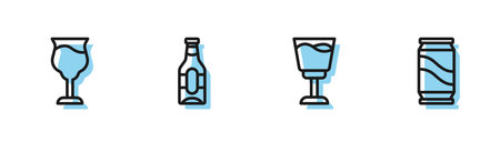 Set line Wine glass, , Beer bottle and can icon. Vector.のイラスト素材