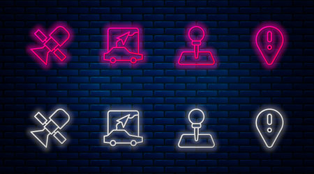 Set line City map navigation, Push pin, Satellite and Location with exclamation mark. Glowing neon icon on brick wall. Vector.のイラスト素材