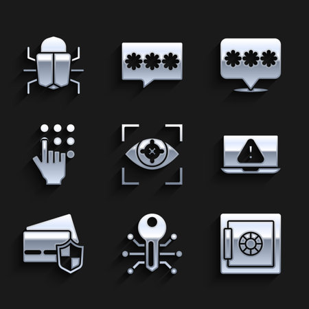 Set Eye scan Smart key Safe Laptop with exclamation mark Credit card shield Password protection and System bug icon. Vector.のイラスト素材