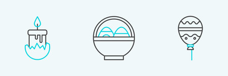 Set line Balloons with ribbon Burning candle and Basket easter eggs icon. Vector.のイラスト素材