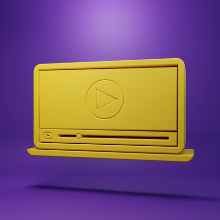Yellow Online play video icon isolated on purple background. Laptop and film strip with play sign. Minimalism concept. 3D render illustration.の写真素材