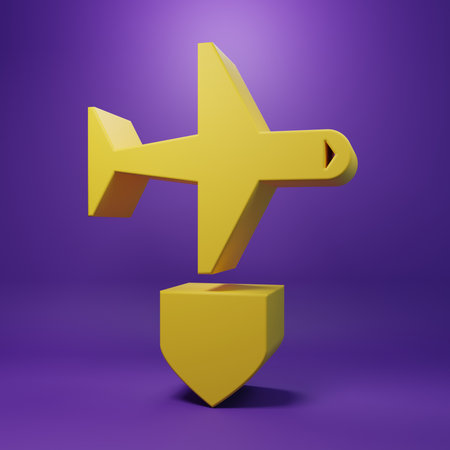 Yellow Plane with shield icon isolated on purple background. Flying airplane. Airliner insurance. Security, safety, protection, protect concept. Minimalism concept. 3D render illustration.の写真素材