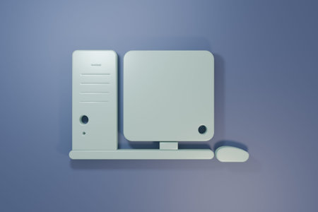 Gray Computer monitor with keyboard and mouse icon isolated on purple-blue background. PC component...