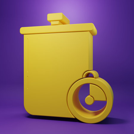Yellow Cooking pot and kitchen timer icon isolated on purple background. Boil or stew food symbol....