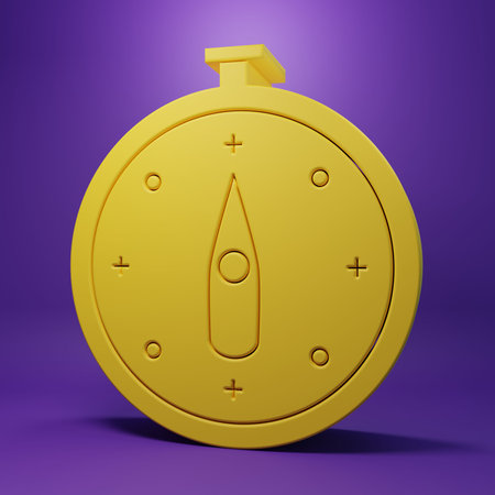 Yellow Compass icon isolated on purple background. Windrose navigation symbol. Wind rose sign....