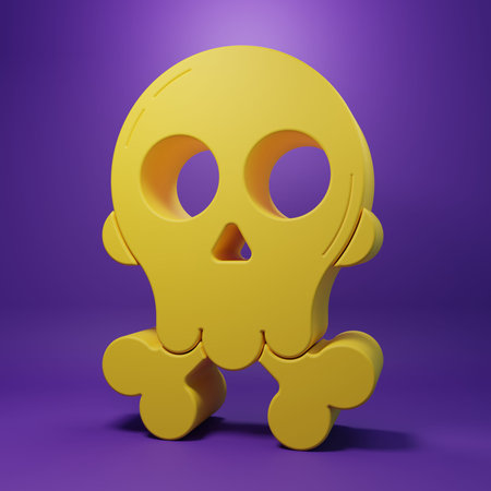 Yellow Skull on crossbones icon isolated on purple background. Happy Halloween party. Minimalism concept. 3D render illustration.の写真素材
