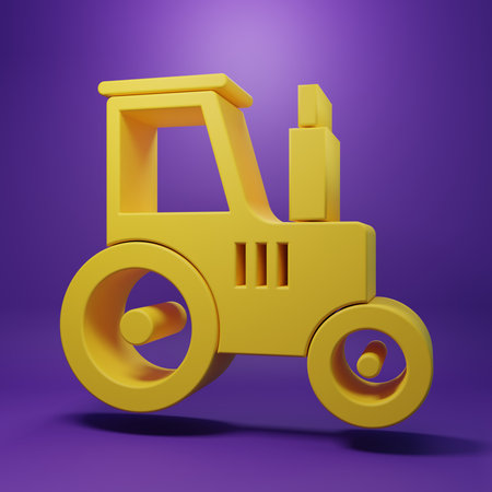 Yellow Tractor icon isolated on purple background. Minimalism concept. 3D render illustration.の写真素材