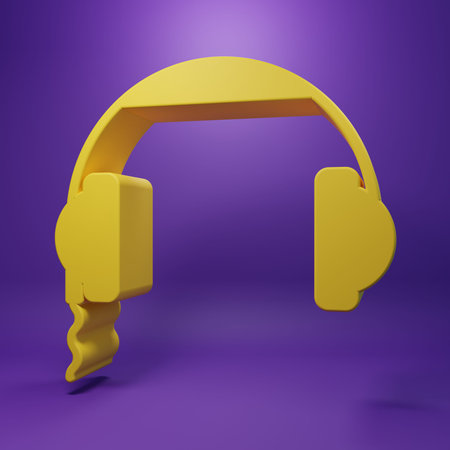 Yellow Headphones icon isolated on purple background. Earphones sign. Concept for listening to music, service, communication and operator. Minimalism concept. 3D render illustration.の写真素材