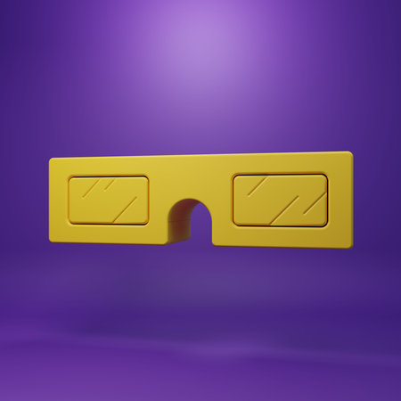 Yellow 3D cinema glasses icon isolated on purple background. Minimalism concept. 3D render...