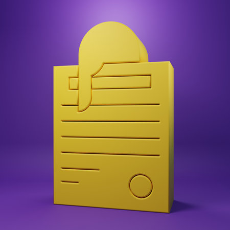 Yellow File document and paper clip icon isolated on purple background. Checklist icon. Business concept. Minimalism concept. 3D render illustration.の写真素材