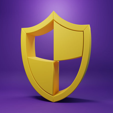 Yellow Shield icon isolated on purple background. Guard sign. Security, safety, protection, privacy...