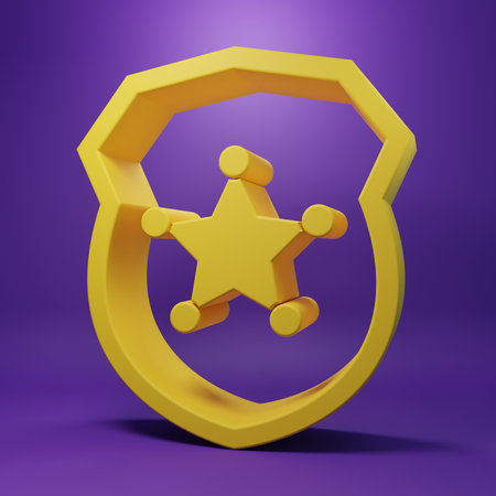 Yellow Police badge icon isolated on purple background. Sheriff badge sign. Minimalism concept. 3D render illustration.の写真素材