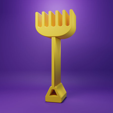 Yellow Garden rake icon isolated on purple background. Tool for horticulture, agriculture, farming....